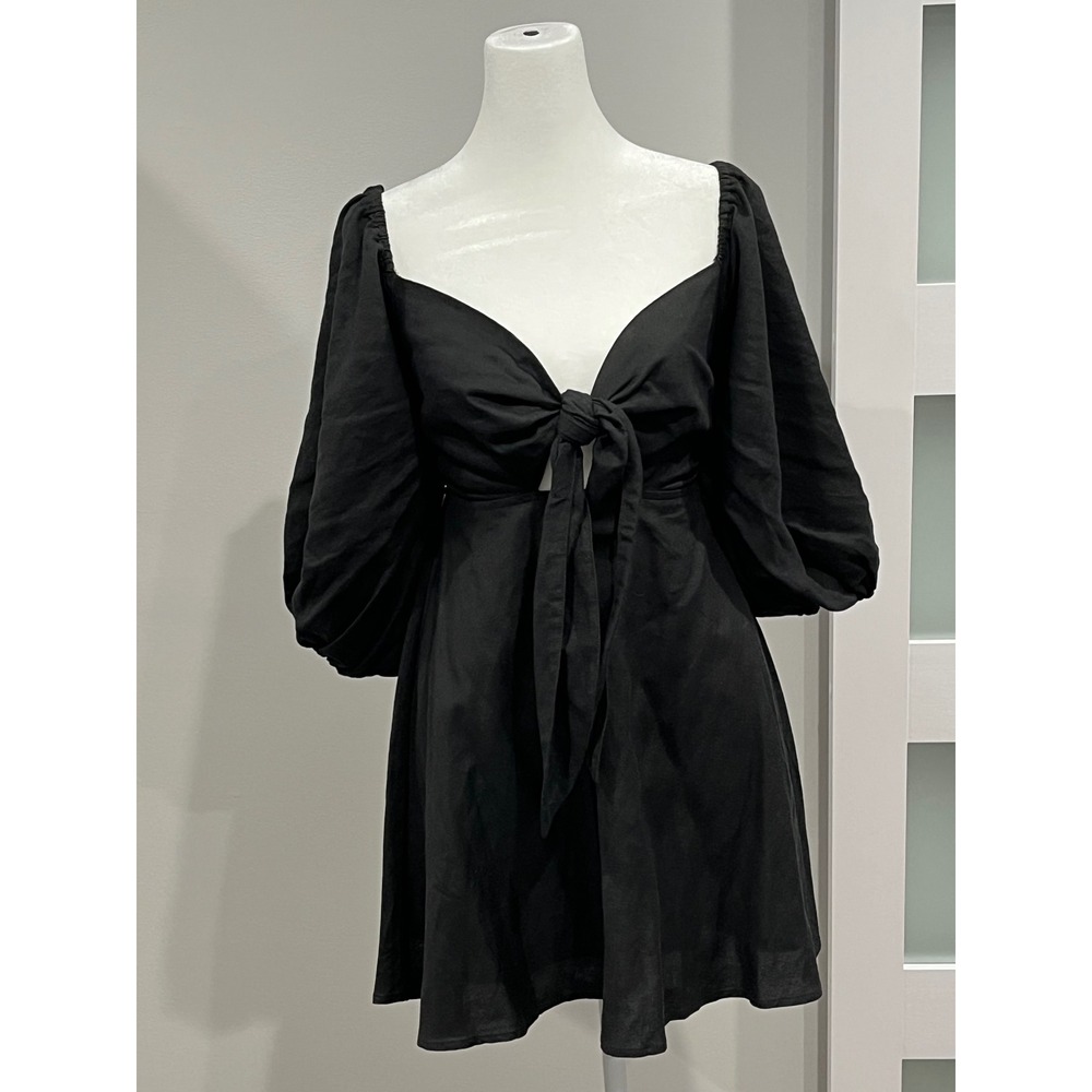 Charlie Holiday‎ Black Puff Sleeve Tie Front Mini Dress XS Smocked Back Cutout